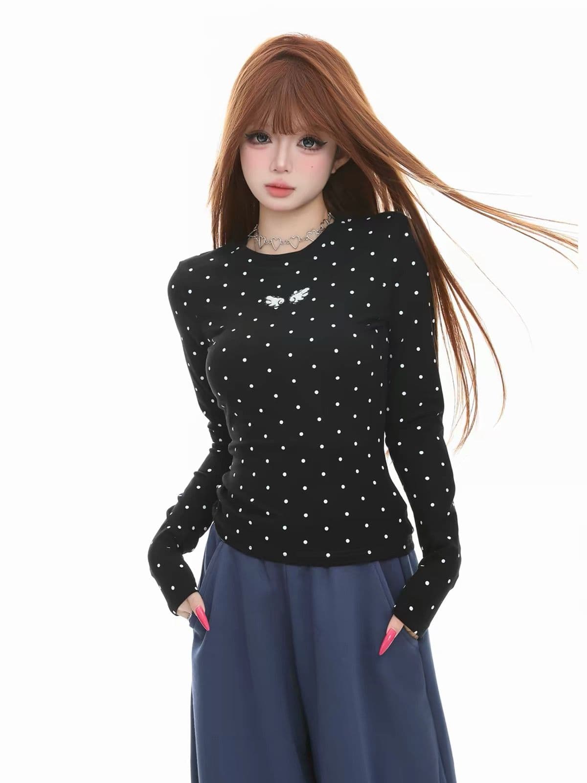 220 그램 40 빗질하다 92 면 8 암모니아 Lun 프린트 도트 무늬 몸매 가꾸기 긴팔 티셔츠 여성 이미지 4