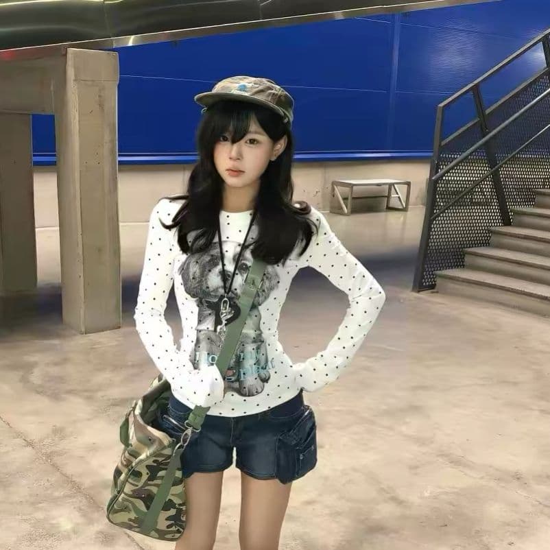 220 그램 40 빗질하다 92 면 8 암모니아 Lun 프린트 도트 무늬 몸매 가꾸기 긴팔 티셔츠 여성