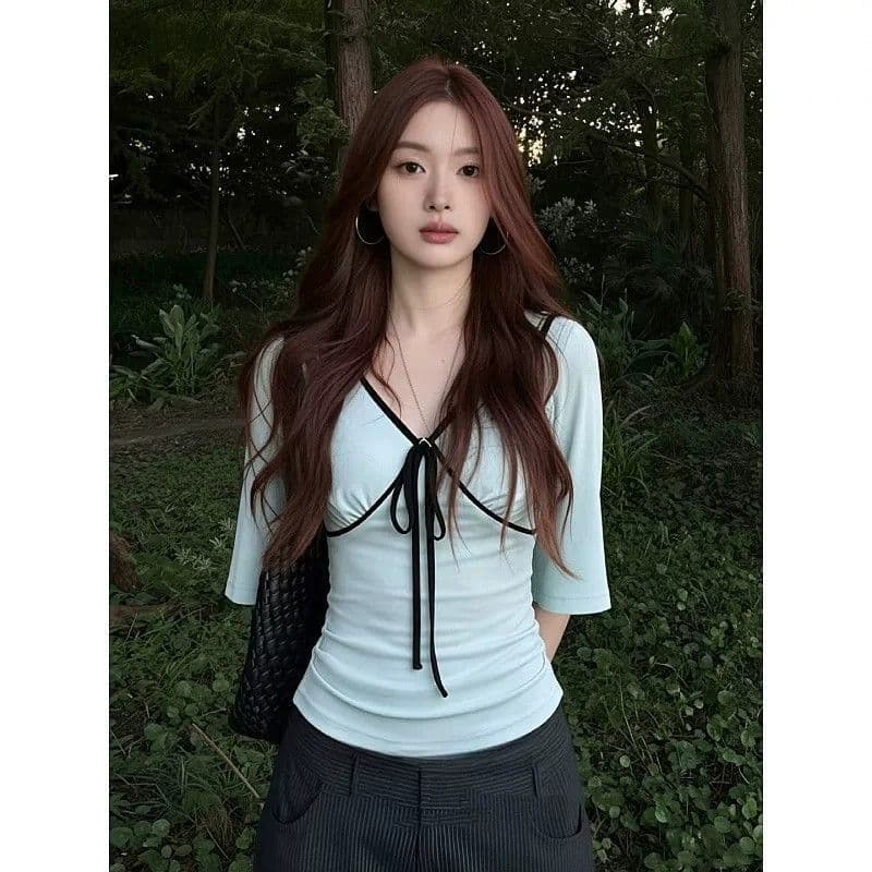 40 순면 순수한 욕망 반팔 티셔츠 여성 여름 착용 가져 가라. 나비 넥타이 V넥 맨위