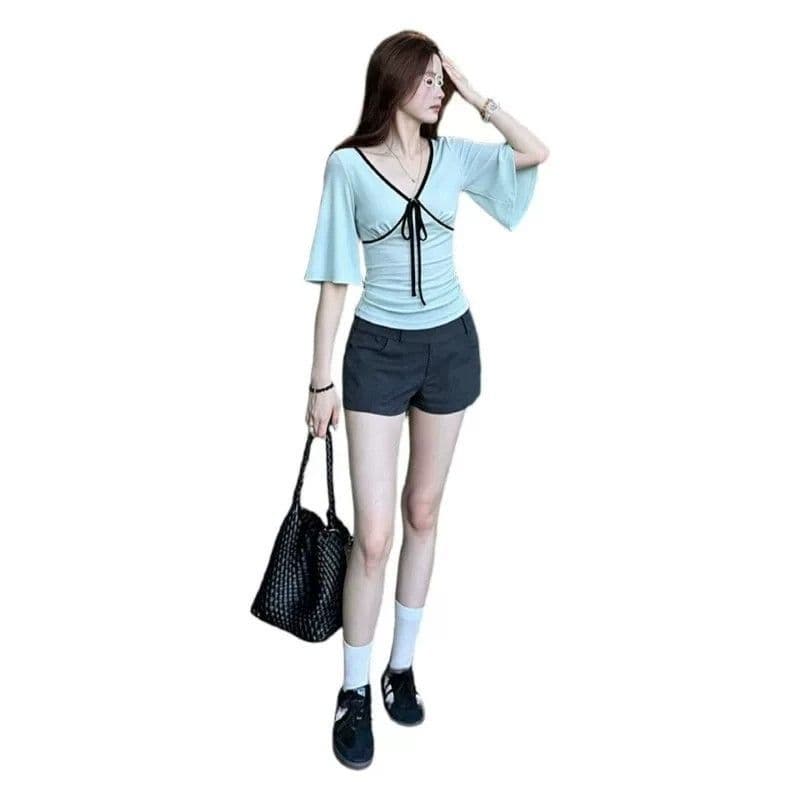 40 순면 순수한 욕망 반팔 티셔츠 여성 여름 착용 가져 가라. 나비 넥타이 V넥 맨위 이미지 2