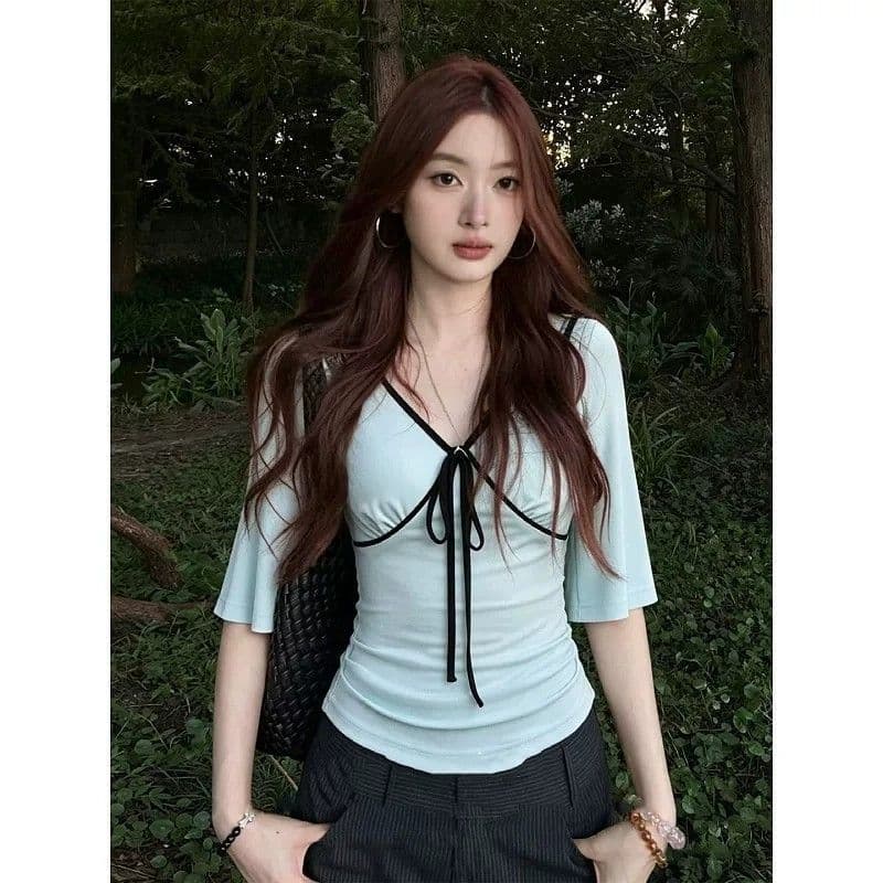 40 순면 순수한 욕망 반팔 티셔츠 여성 여름 착용 가져 가라. 나비 넥타이 V넥 맨위 상세 이미지 1