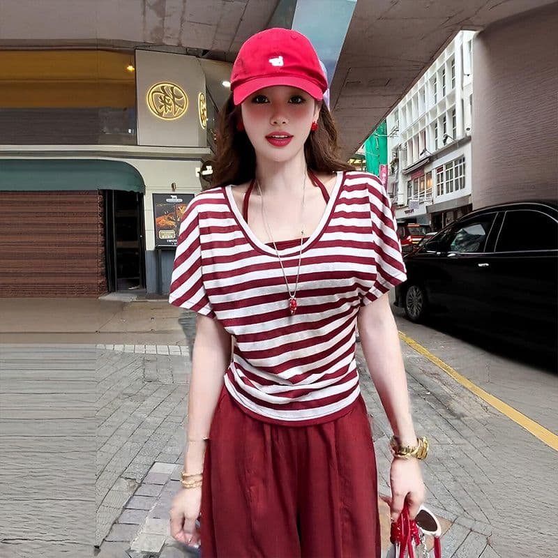 달콤한 핫걸 레트로 스트라이프 슬립 반팔 두 조각 여성 세트 여름 새로운 다용도 루즈핏 슬림해 보이는 다용도 맨위 상세 이미지 1