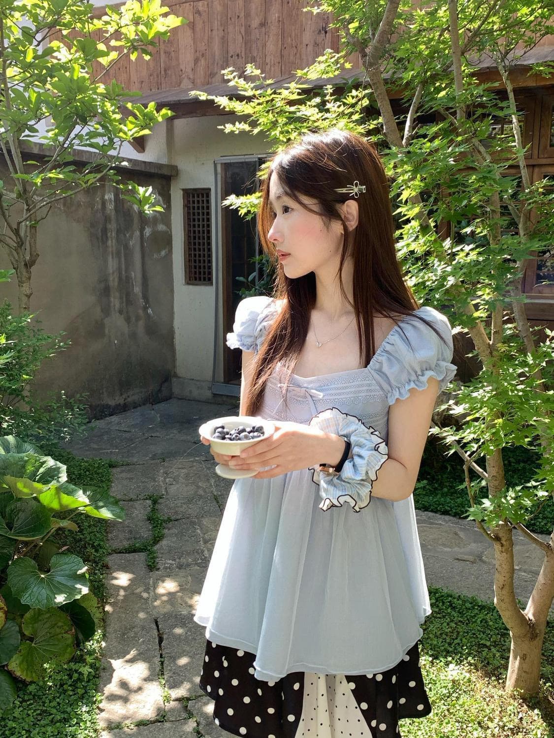 한 부서 달콤함 하늘색 광장 칼라 거품 소매 맨위 여름 한 마디 치마 허리 수축 셔츠 상세 이미지 7