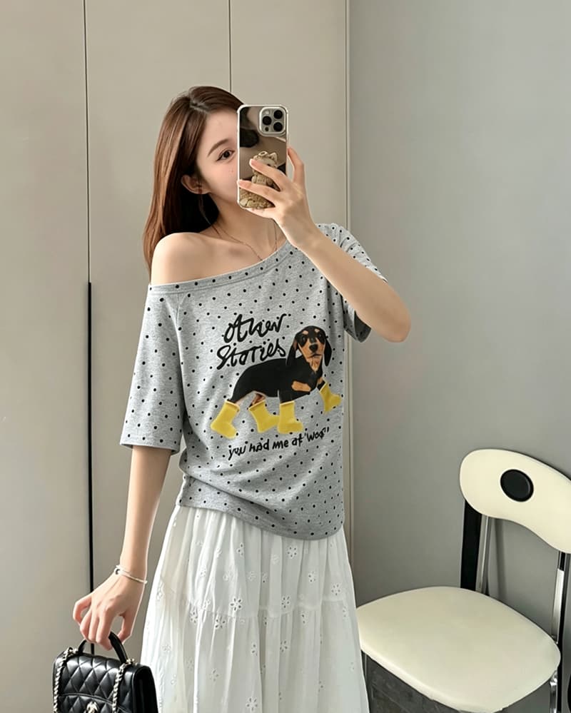 220 그램 40 1 1 순면 여름 새로운 한 부서 도트 무늬 비스듬한 칼라 오프숄더 프린트 섹션 반팔 티셔츠 여성 이미지 2