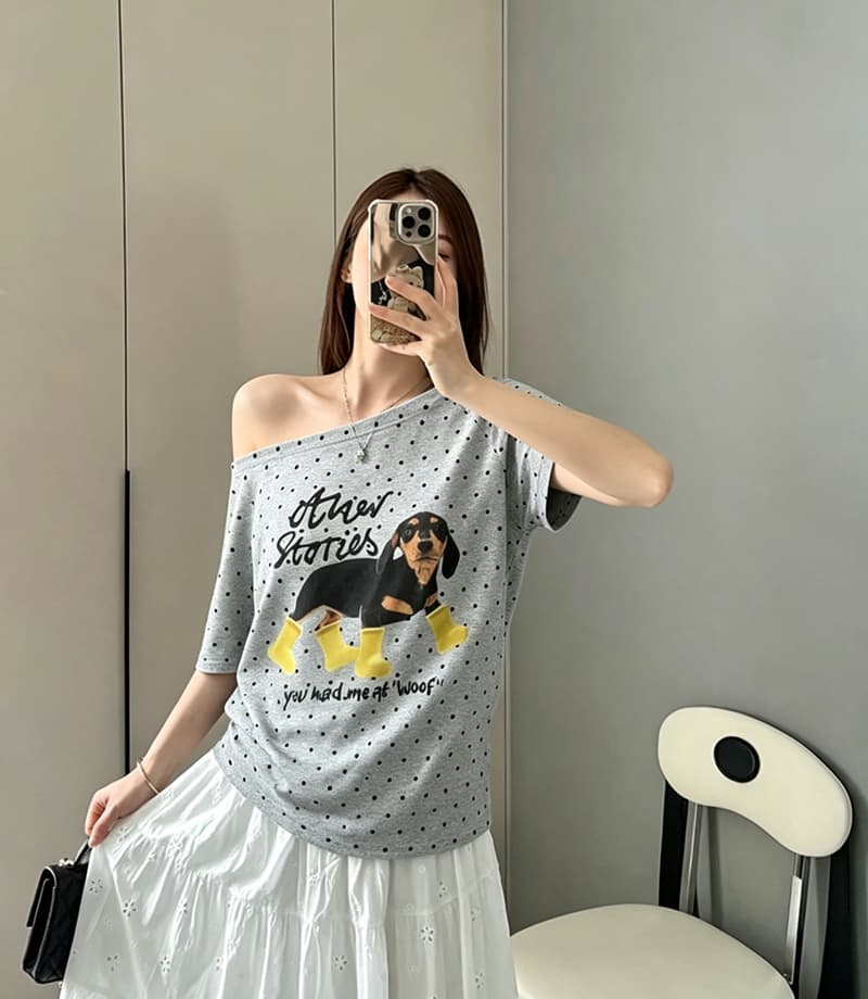 220 그램 40 1 1 순면 여름 새로운 한 부서 도트 무늬 비스듬한 칼라 오프숄더 프린트 섹션 반팔 티셔츠 여성 이미지 3
