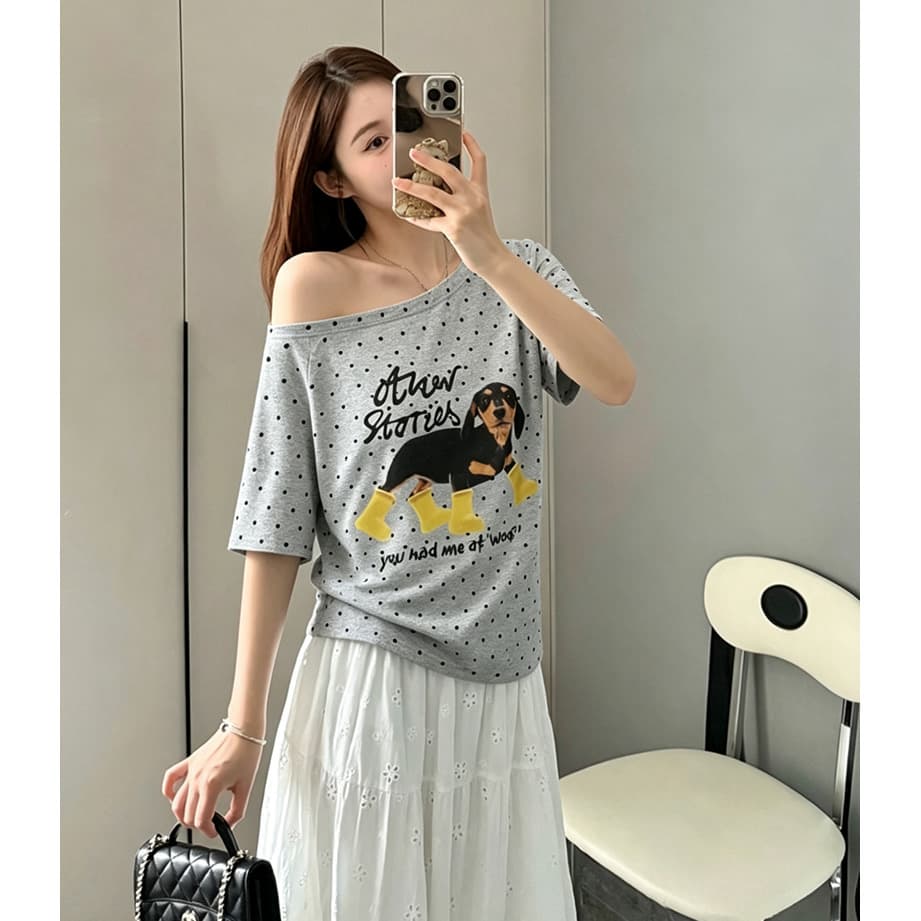 220 그램 40 1 1 순면 여름 새로운 한 부서 도트 무늬 비스듬한 칼라 오프숄더 프린트 섹션 반팔 티셔츠 여성 이미지 4