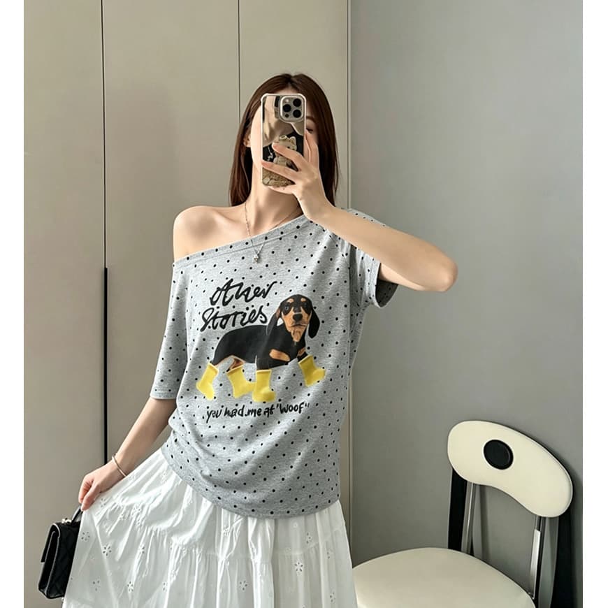 220 그램 40 1 1 순면 여름 새로운 한 부서 도트 무늬 비스듬한 칼라 오프숄더 프린트 섹션 반팔 티셔츠 여성 이미지 5