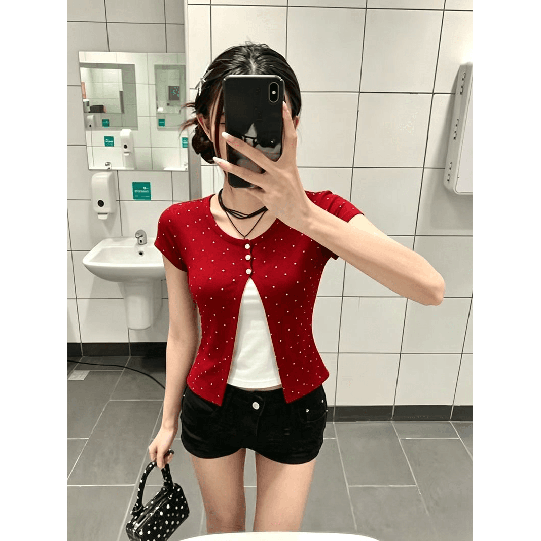 260 그램 사람들 면 모달 도트 무늬 프린트 페이크 레이어드 반팔 티셔츠 여성 몸매 가꾸기 맨위 이미지 5