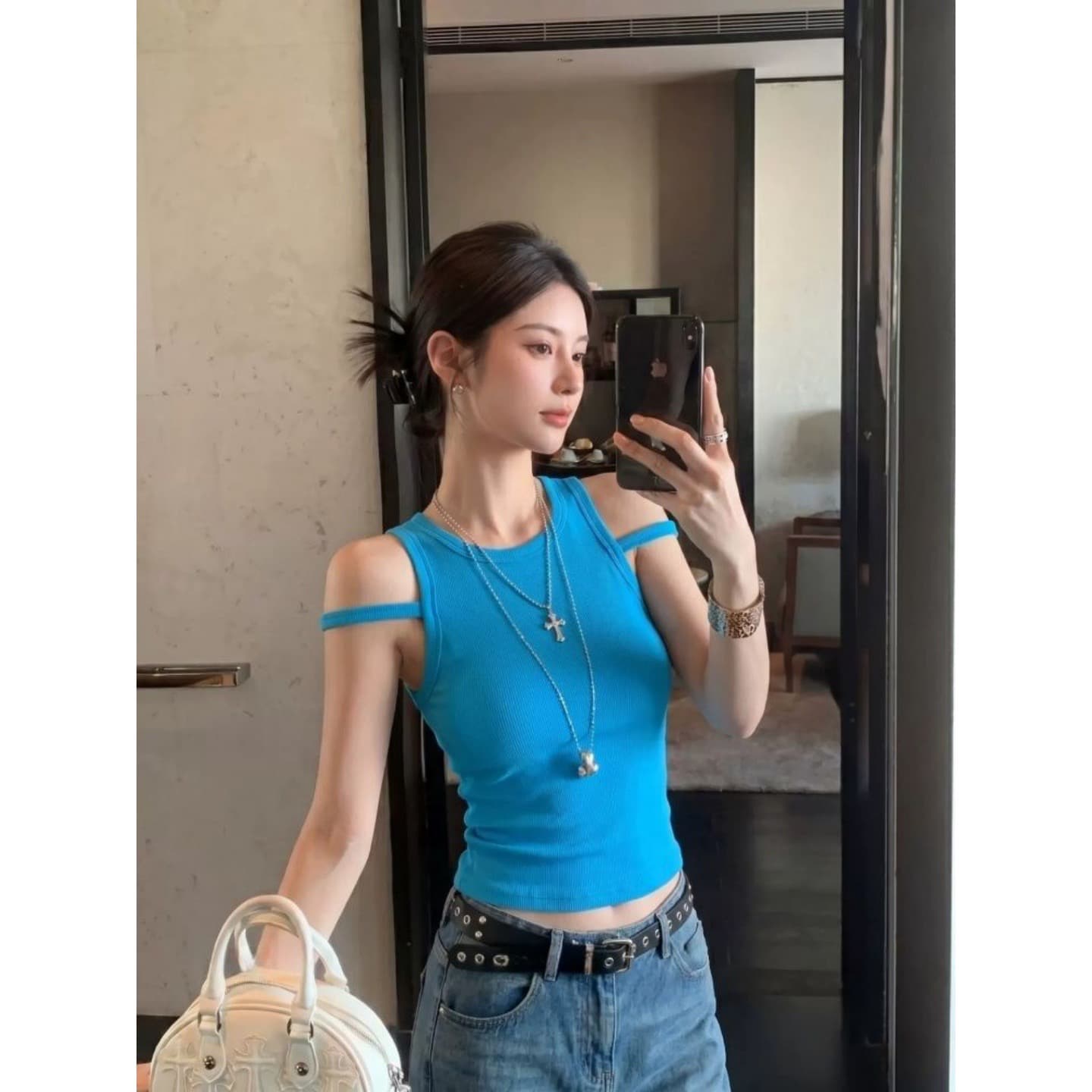 모달 260 그램 1 1 섹시함 허리 수축 슬림해 보이는 쇼트 스타일 오프숄더 연령 감소 맨위 상세 이미지 5
