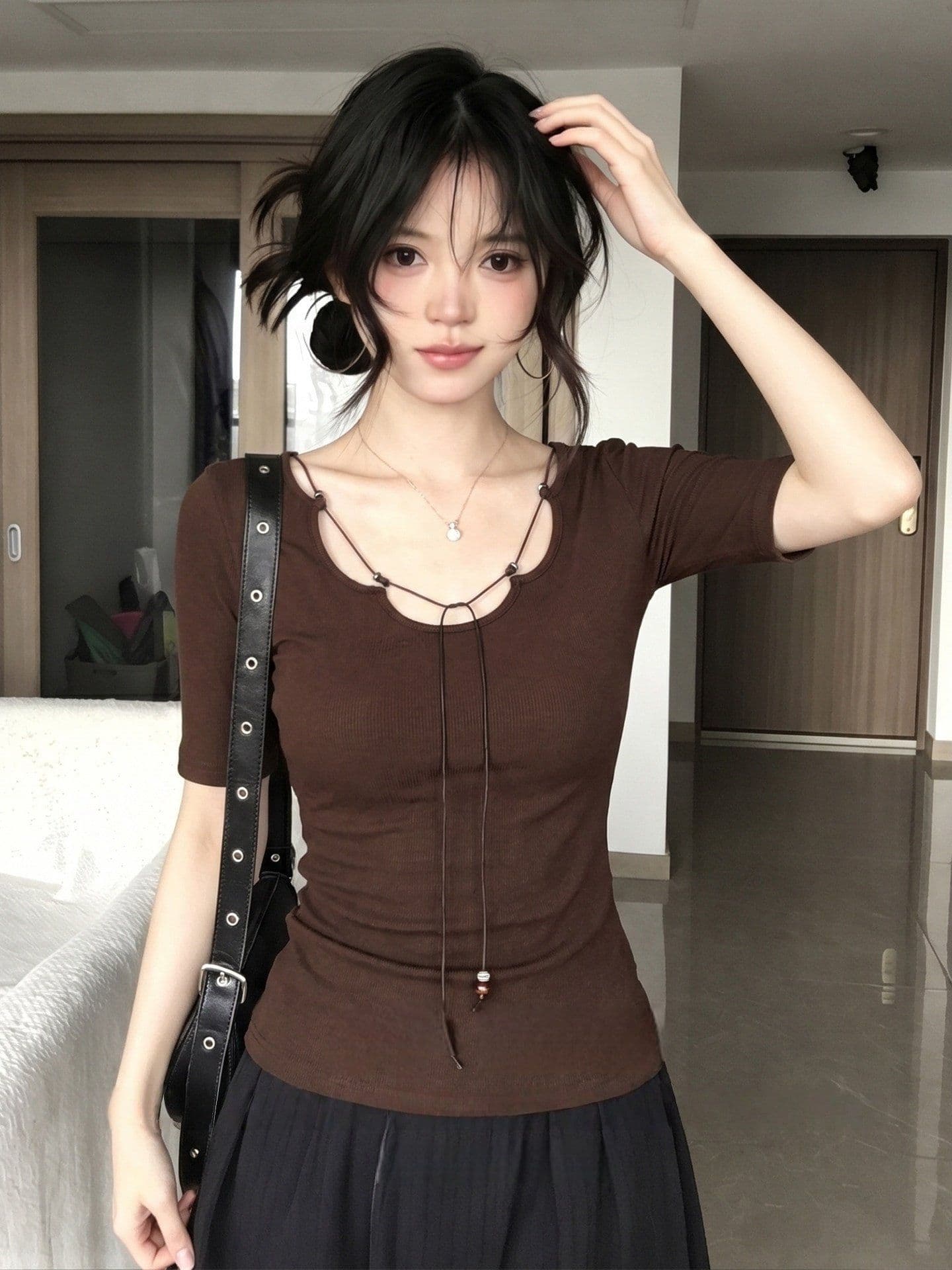260 그램 1 1 인 면 커피 색상 반팔 티셔츠 여성 여름 디자인 센스 몸매 가꾸기 슬림해 보이는 작은 대중 맨위 상세 이미지 6