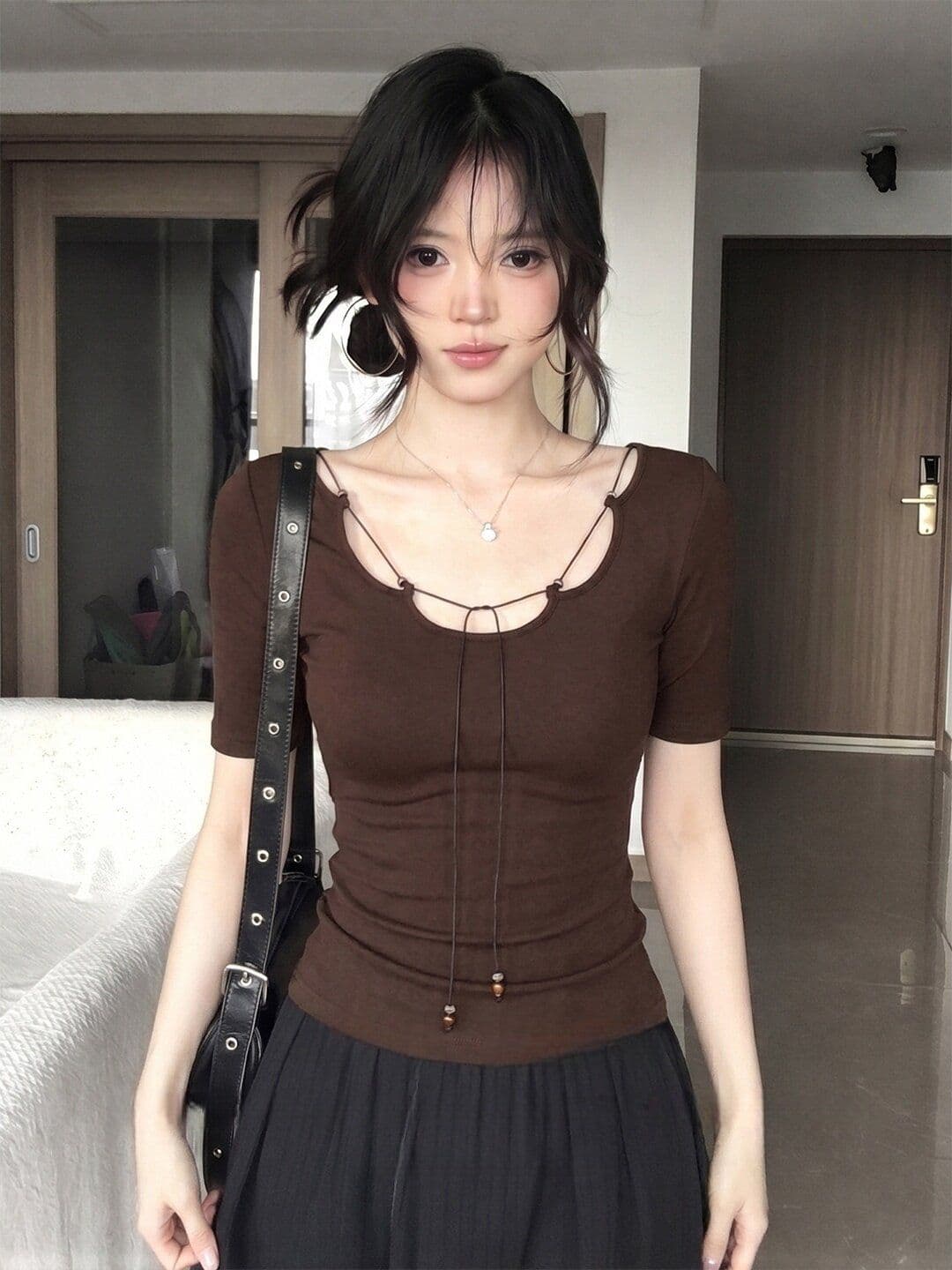 260 그램 1 1 인 면 커피 색상 반팔 티셔츠 여성 여름 디자인 센스 몸매 가꾸기 슬림해 보이는 작은 대중 맨위 상세 이미지 10