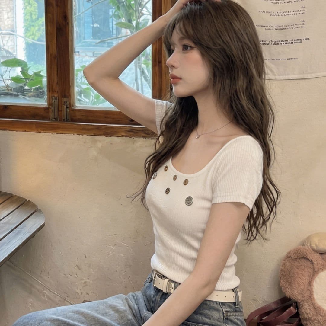 5 5 리브 원단 광장 칼라 반팔 여성 여름 핫걸 기본 셔츠 디자인 센스 쇼트 스타일 허리 수축 chic 맨위