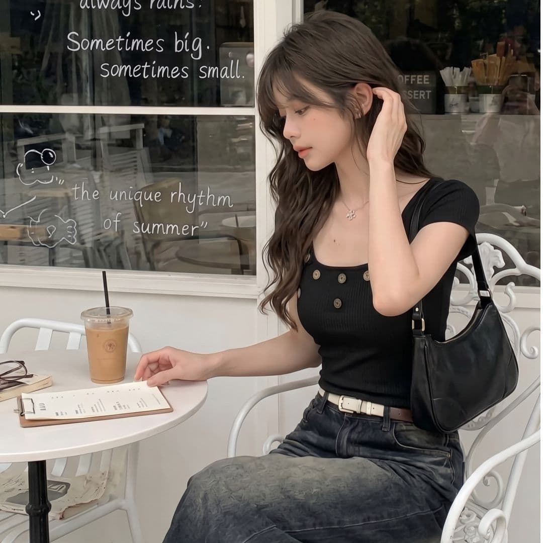 5 5 리브 원단 광장 칼라 반팔 여성 여름 핫걸 기본 셔츠 디자인 센스 쇼트 스타일 허리 수축 chic 맨위 이미지 3