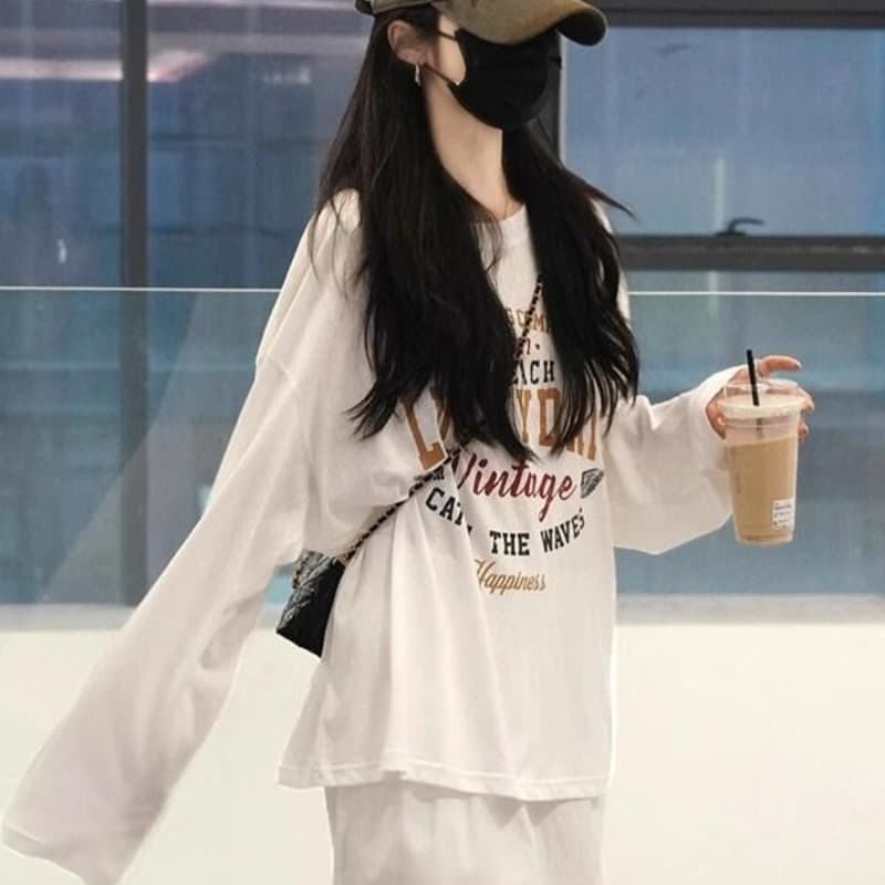 한국 스타일 순면 가을 의상 긴팔 티셔츠 여성 루즈핏 맨위 프린트 이미지 5