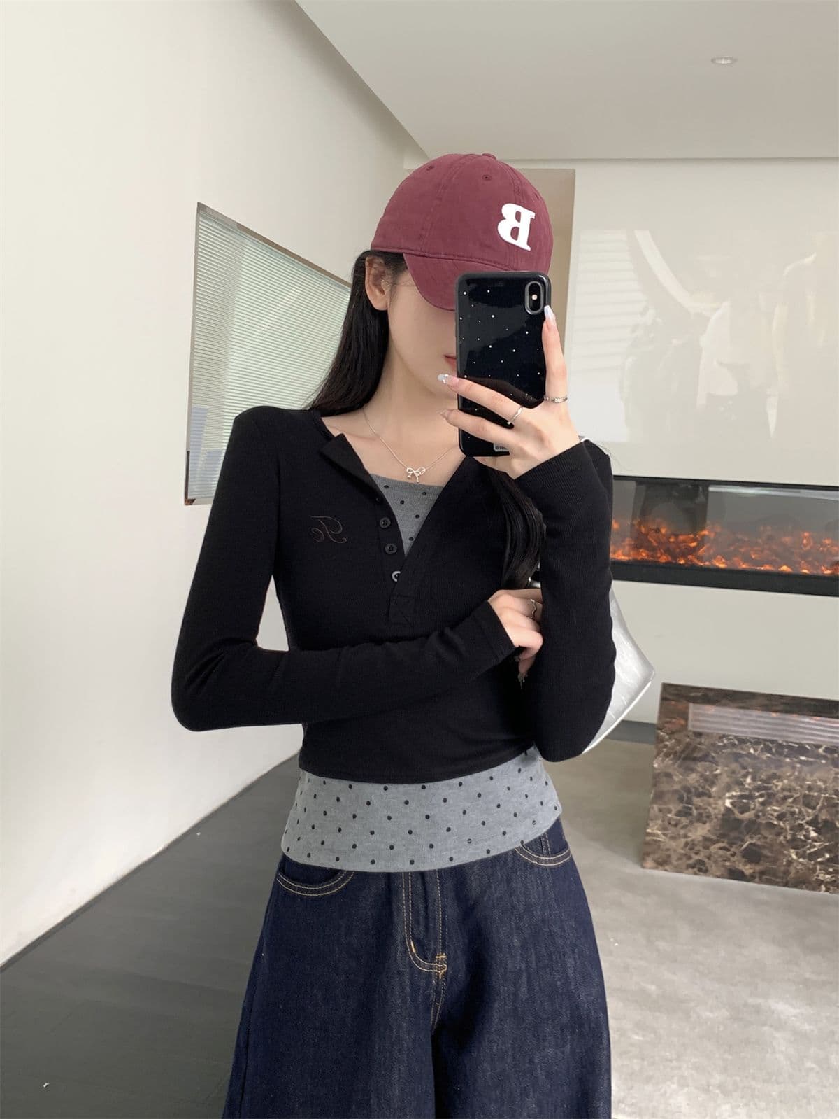 아메리칸 페이크 레이어드 배색 도트 무늬 기본 셔츠 티셔츠 여성 이른 가을 디자인 센스 연령 감소 몸매 가꾸기 긍정적 인 어깨 쇼트 스타일 맨위 상세 이미지 5