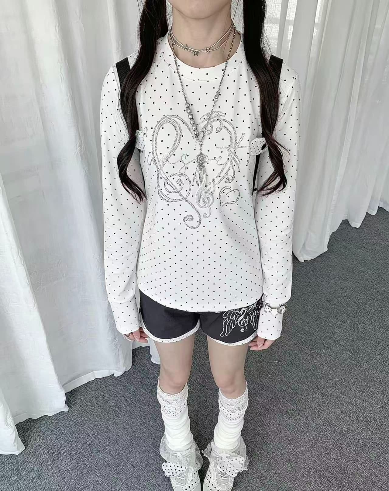 220 그램 40 빗질하다 92 면 이후 패키지 칼라 프린트 도트 무늬 긴팔 티셔츠 여성 몸매 가꾸기 라운드 넥 맨위
