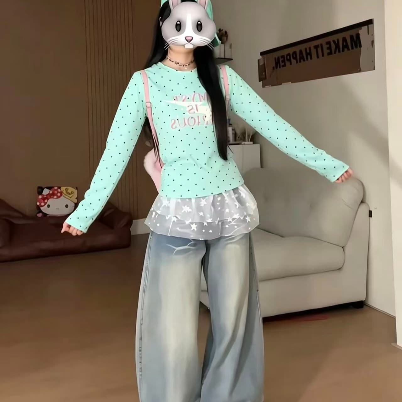 220 그램 40 빗질하다 92 면 이후 패키지 칼라 프린트 도트 무늬 긴팔 티셔츠 여성 몸매 가꾸기 라운드 넥 맨위 이미지 5