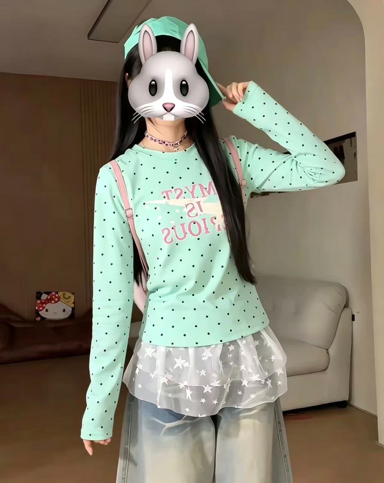 220 그램 40 빗질하다 92 면 이후 패키지 칼라 프린트 도트 무늬 긴팔 티셔츠 여성 몸매 가꾸기 라운드 넥 맨위 상세 이미지 1
