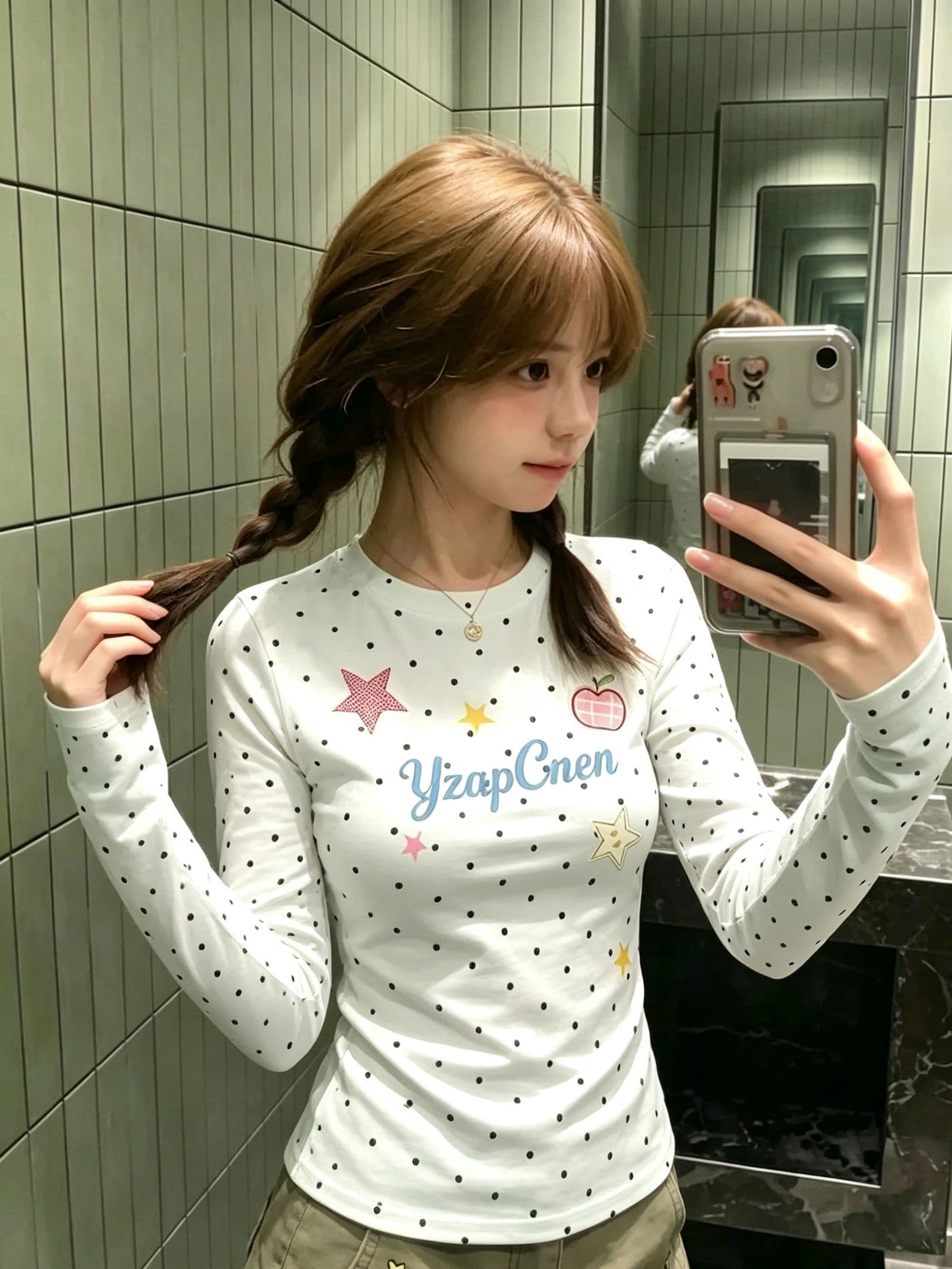 220 그램 40 빗질하다 92 면 이후 패키지 칼라 프린트 도트 무늬 긴팔 티셔츠 여성 몸매 가꾸기 라운드 넥 맨위 이미지 3