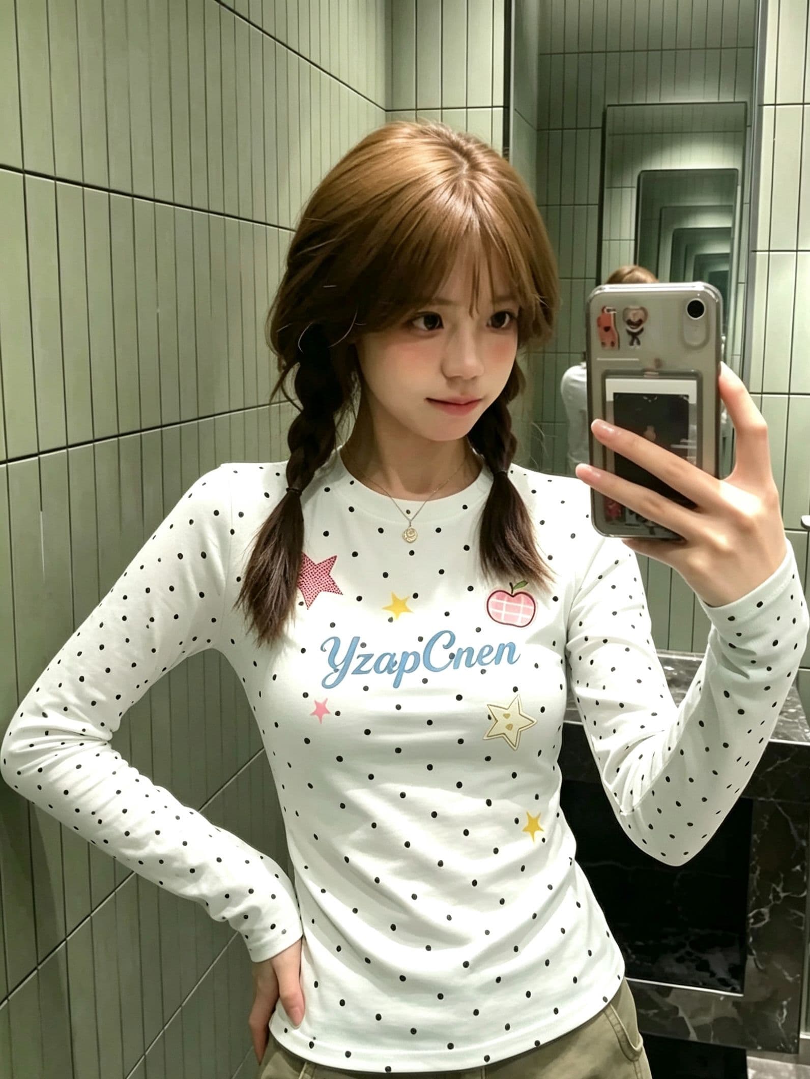 220 그램 40 빗질하다 92 면 이후 패키지 칼라 프린트 도트 무늬 긴팔 티셔츠 여성 몸매 가꾸기 라운드 넥 맨위 상세 이미지 5