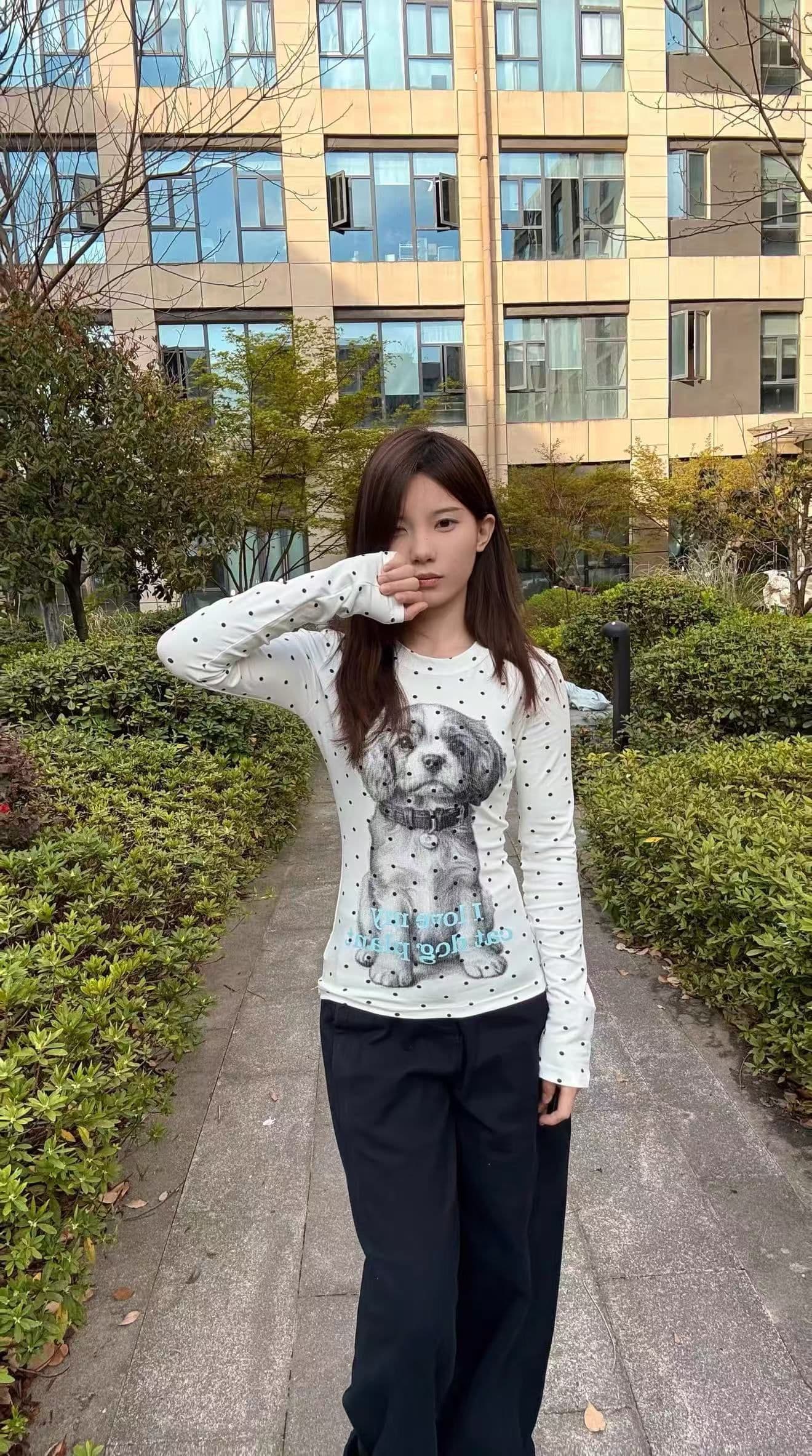 220 그램 40 빗질하다 92 면 이후 패키지 칼라 프린트 도트 무늬 긴팔 티셔츠 여성 몸매 가꾸기 라운드 넥 맨위 이미지 3