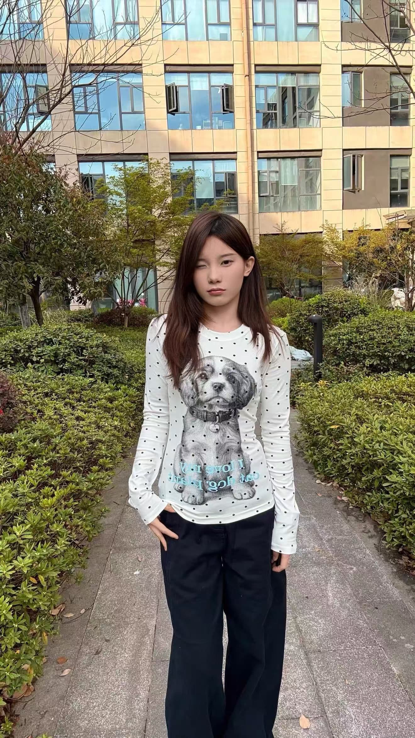 220 그램 40 빗질하다 92 면 이후 패키지 칼라 프린트 도트 무늬 긴팔 티셔츠 여성 몸매 가꾸기 라운드 넥 맨위