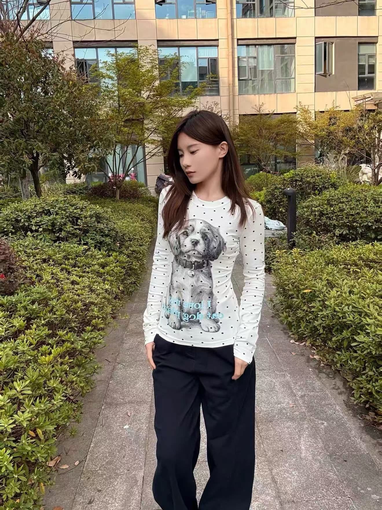 220 그램 40 빗질하다 92 면 이후 패키지 칼라 프린트 도트 무늬 긴팔 티셔츠 여성 몸매 가꾸기 라운드 넥 맨위 상세 이미지 4