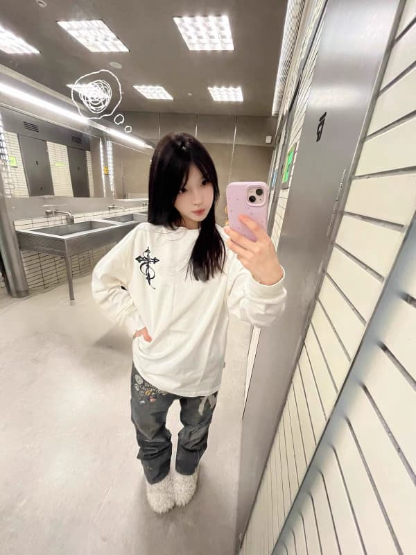 한국 스타일 순면 라운드 넥 프린트 가을 의상 루즈핏 긴팔 티셔츠 여성 이미지 2