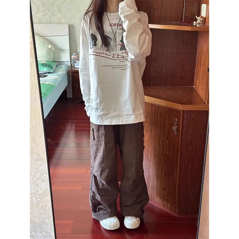 한국 스타일 순면 가을 의상 라운드 넥 긴팔 티셔츠 여성 루즈핏 맨위 프린트 이미지 2