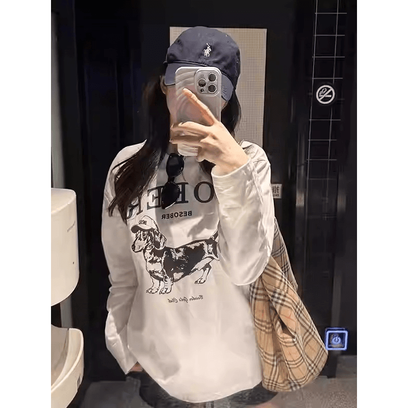 한국 스타일 순면 가을 의상 긴팔 티셔츠 여성 루즈핏 맨위 프린트 이미지 5