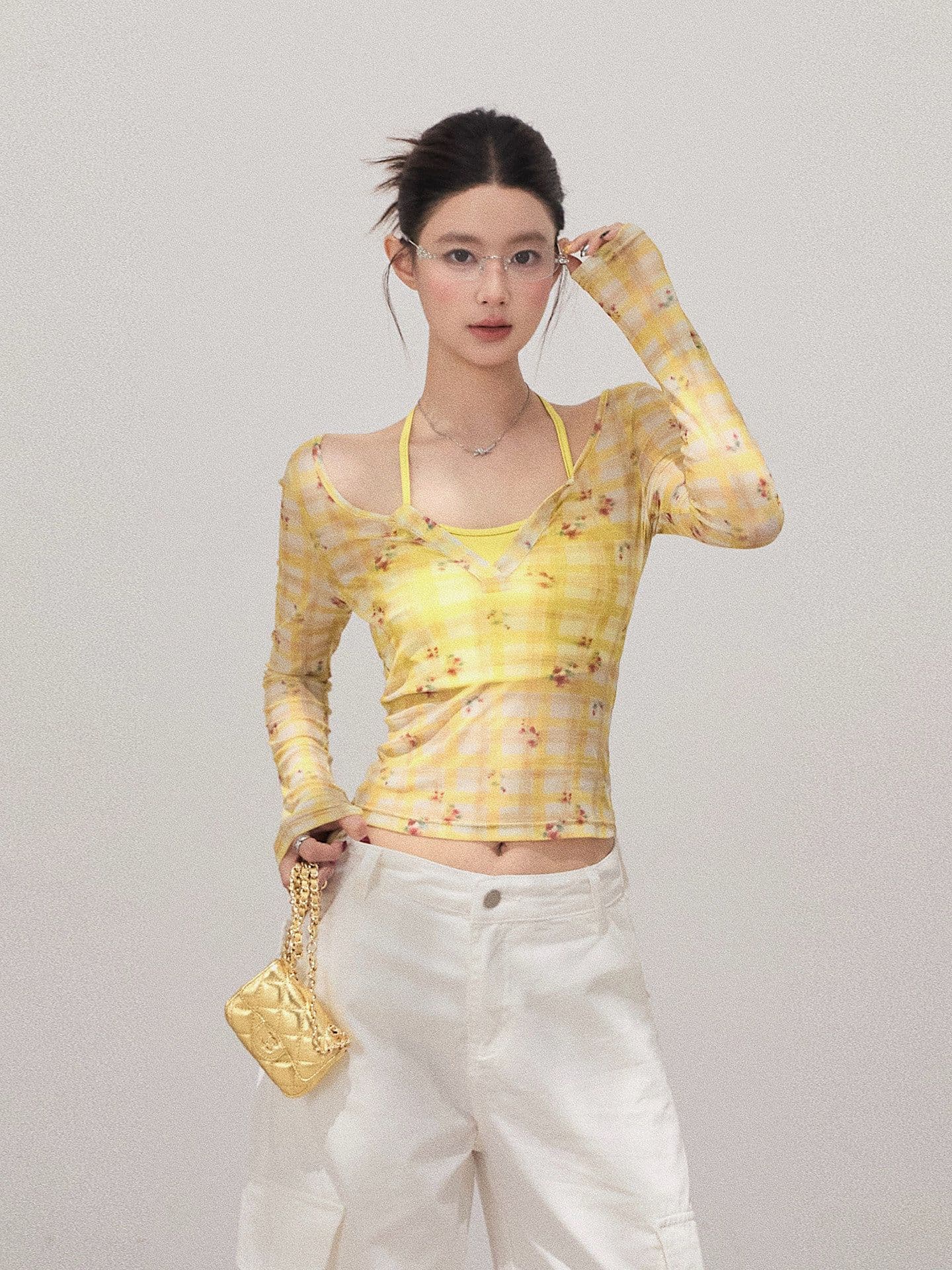 꽃무늬 체크무늬 페이크 레이어드 얇은 스타일 긴팔 티셔츠 여성 이른 가을 새로운 품격 패션 한국 스타일 몸매 가꾸기 맨위 상세 이미지 1