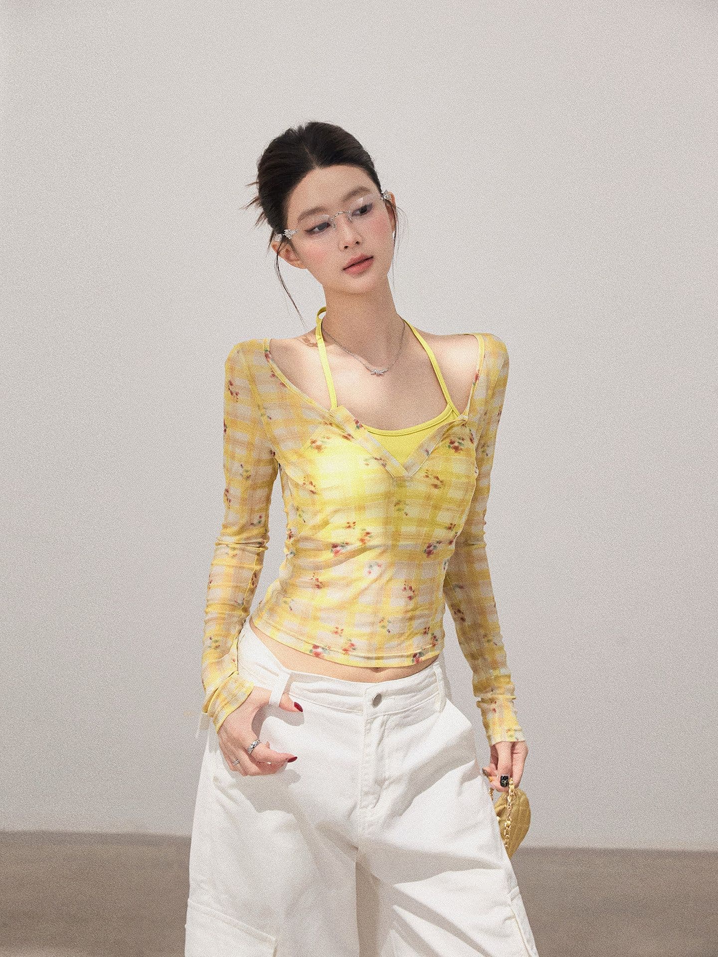 꽃무늬 체크무늬 페이크 레이어드 얇은 스타일 긴팔 티셔츠 여성 이른 가을 새로운 품격 패션 한국 스타일 몸매 가꾸기 맨위 상세 이미지 2