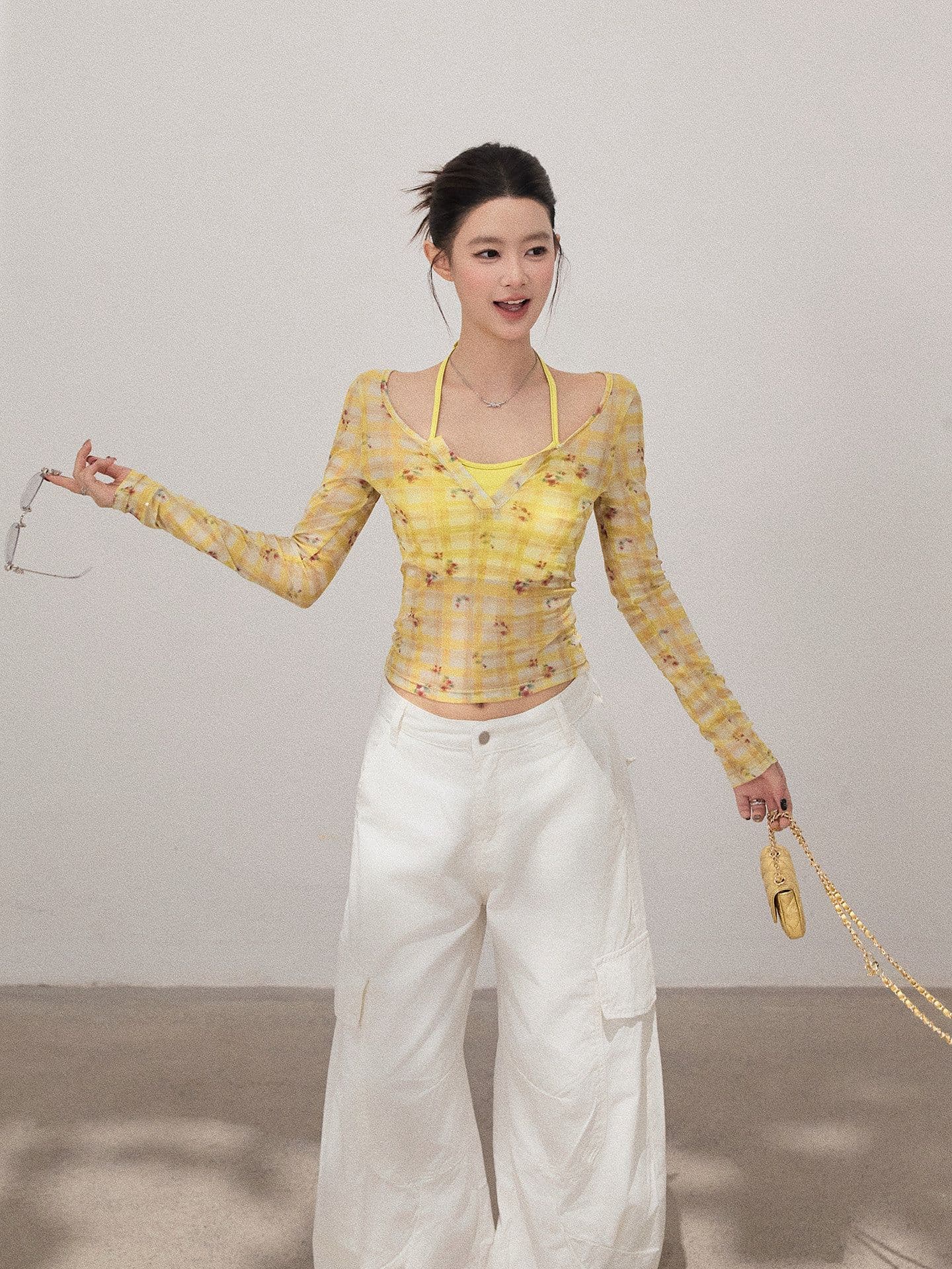 꽃무늬 체크무늬 페이크 레이어드 얇은 스타일 긴팔 티셔츠 여성 이른 가을 새로운 품격 패션 한국 스타일 몸매 가꾸기 맨위 상세 이미지 5