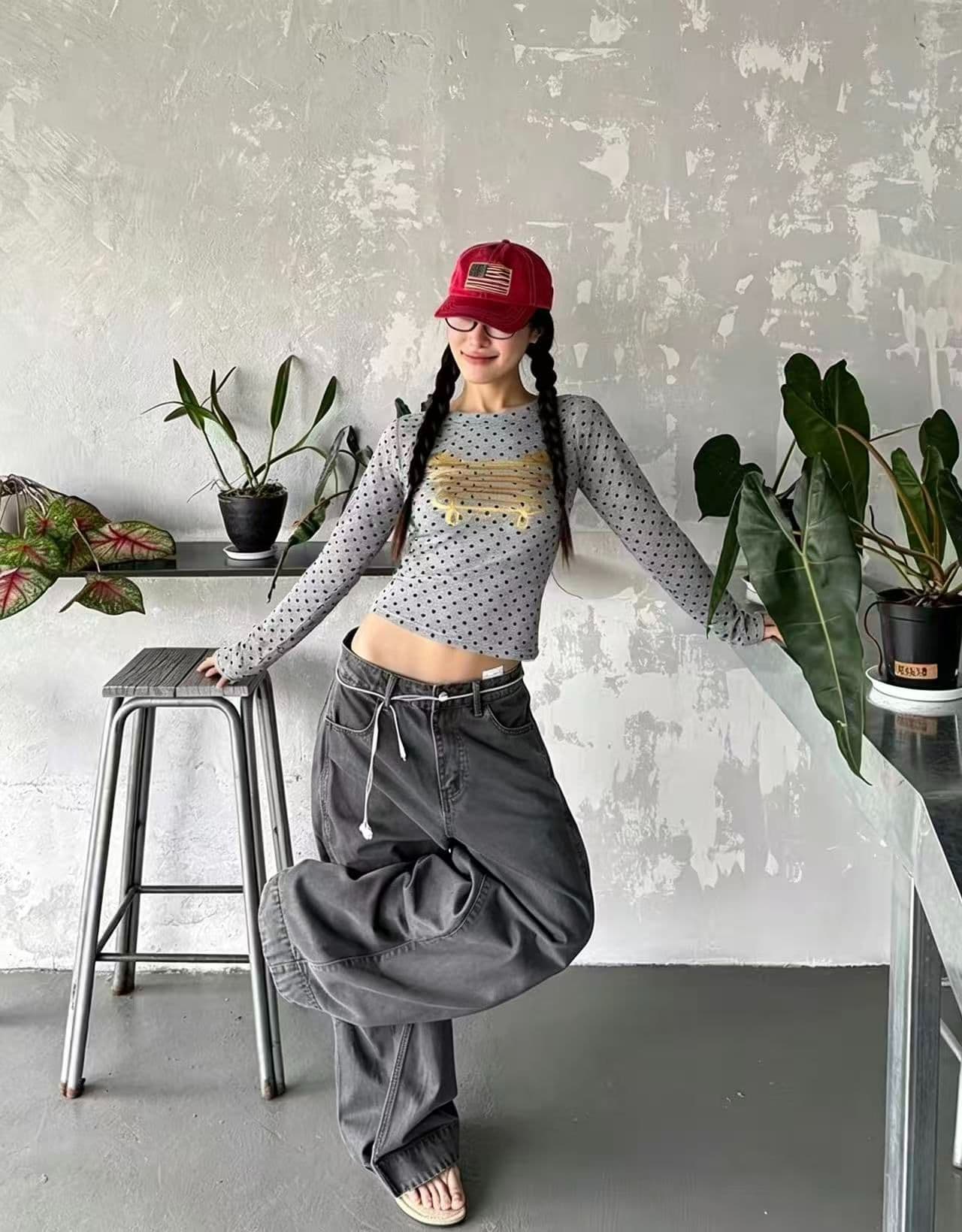 220 그램 40 빗질하다 92 면 8 암모니아 Lun 도트 무늬 몸매 가꾸기 긴팔 티셔츠 여성 이미지 3