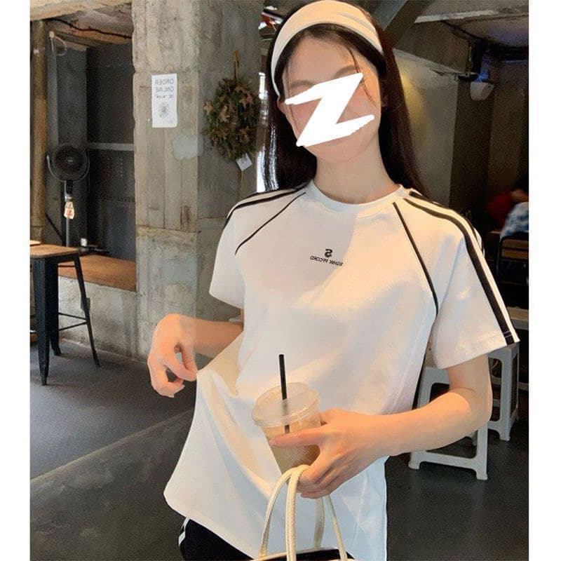 220g 순면 리브 네클라인 이후 테두리 3개 바 자수 알파벳 logo 반팔 티셔츠 여성 상세 이미지 2