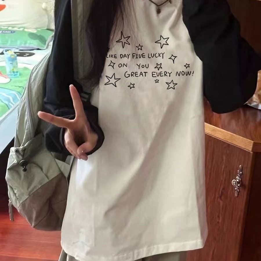 높은 품질 순면 200그램 21 빗질하다 정밀 프린트 가을 패치워크 색상 긴팔 티셔츠 여성 이미지 5