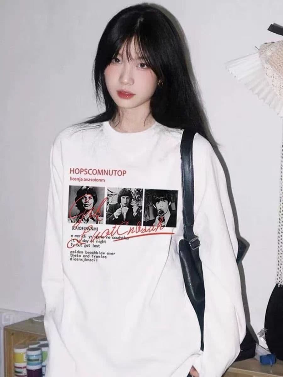 높은 품질 순면 200그램 21 빗질하다 정밀 프린트 가을 루즈핏 긴팔 티셔츠 여성 이미지 4