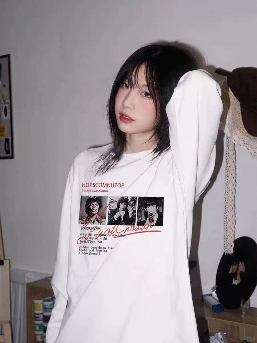 높은 품질 순면 200그램 21 빗질하다 정밀 프린트 가을 루즈핏 긴팔 티셔츠 여성