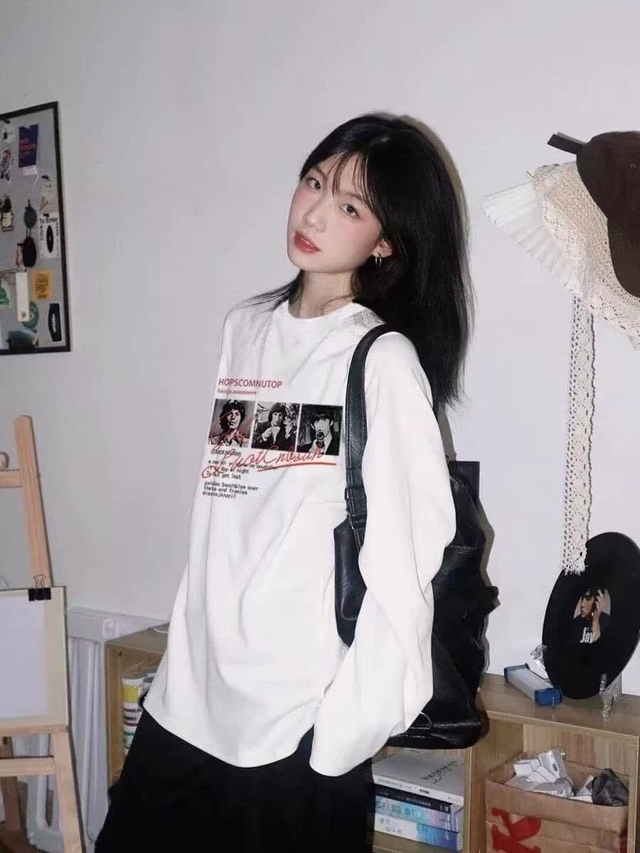 높은 품질 순면 200그램 21 빗질하다 정밀 프린트 가을 루즈핏 긴팔 티셔츠 여성 이미지 3