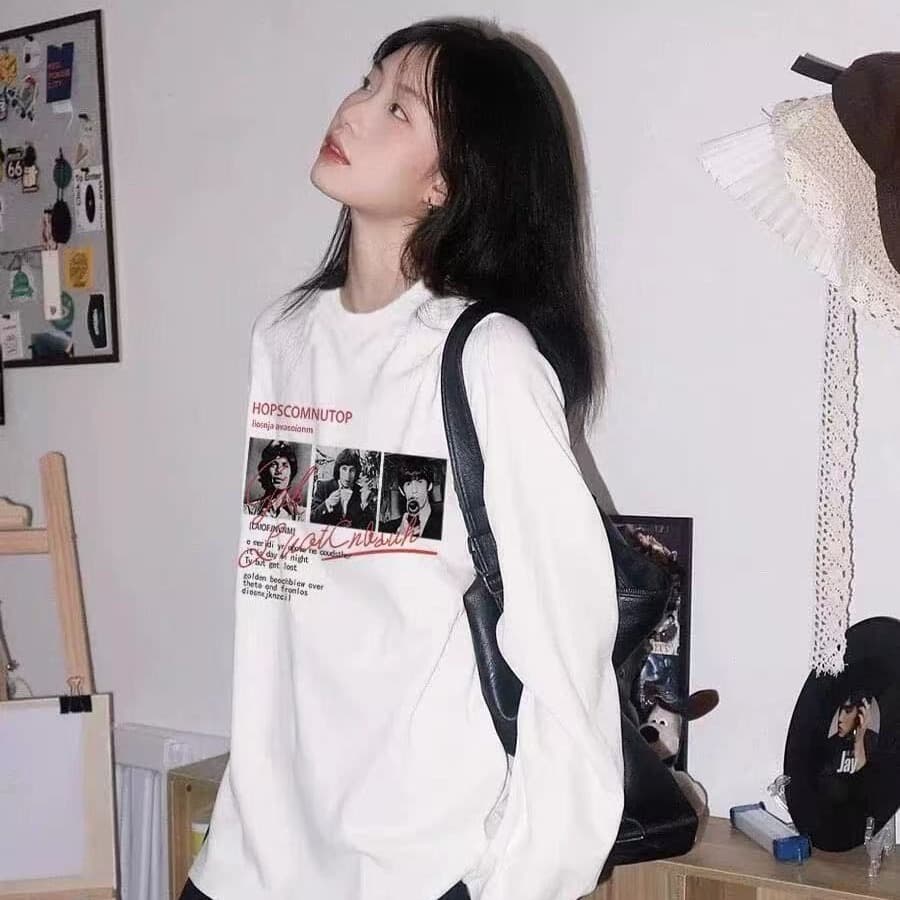높은 품질 순면 200그램 21 빗질하다 정밀 프린트 가을 루즈핏 긴팔 티셔츠 여성 이미지 5