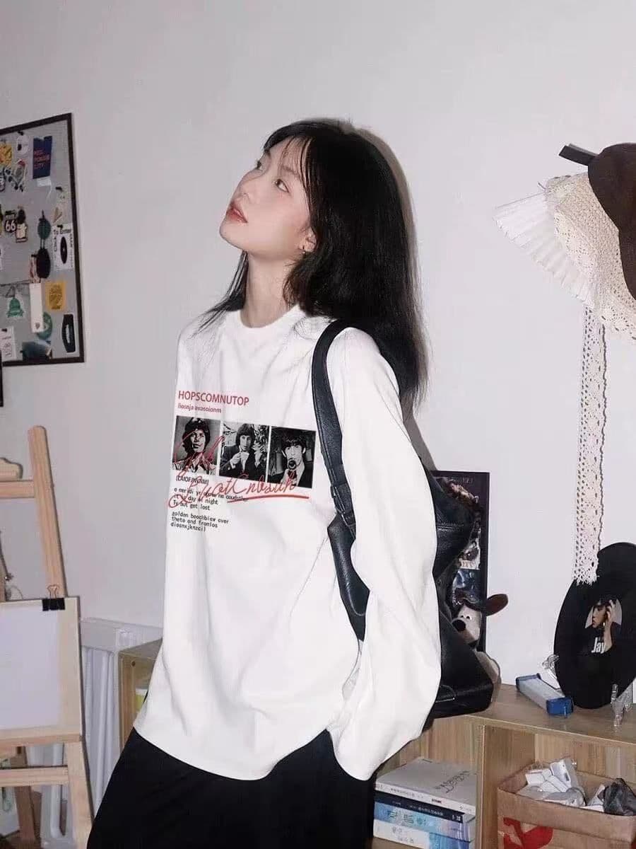 높은 품질 순면 200그램 21 빗질하다 정밀 프린트 가을 루즈핏 긴팔 티셔츠 여성 상세 이미지 2