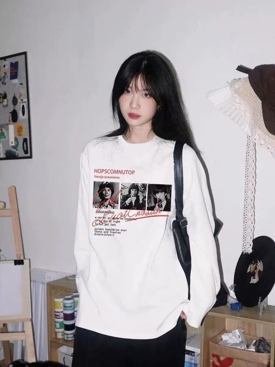 높은 품질 순면 200그램 21 빗질하다 정밀 프린트 가을 루즈핏 긴팔 티셔츠 여성 상세 이미지 5