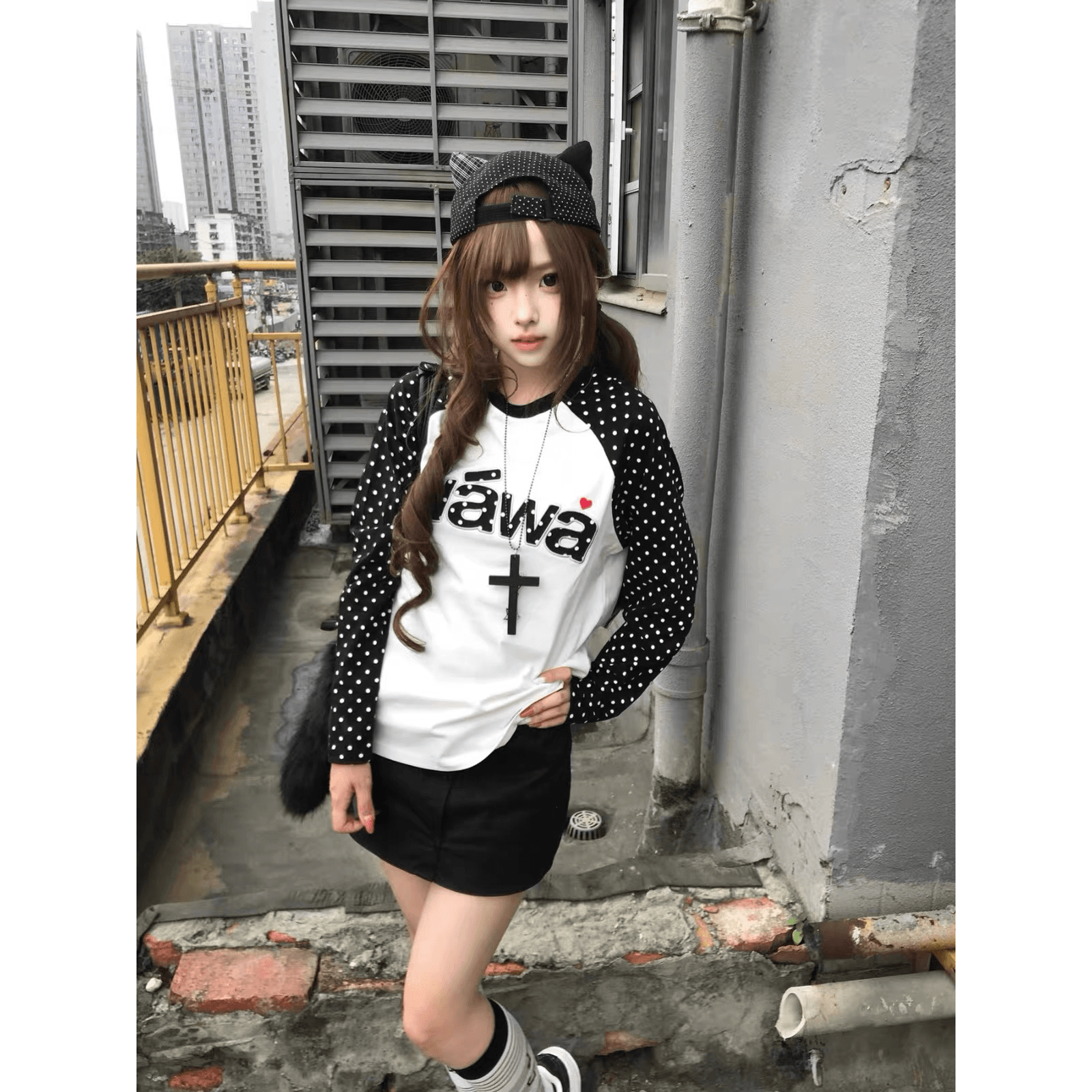 원본 솜씨 순면 220 그램 한국 스타일 새로운 도트 무늬 패치워크 긴팔 티셔츠 여성 이미지 5