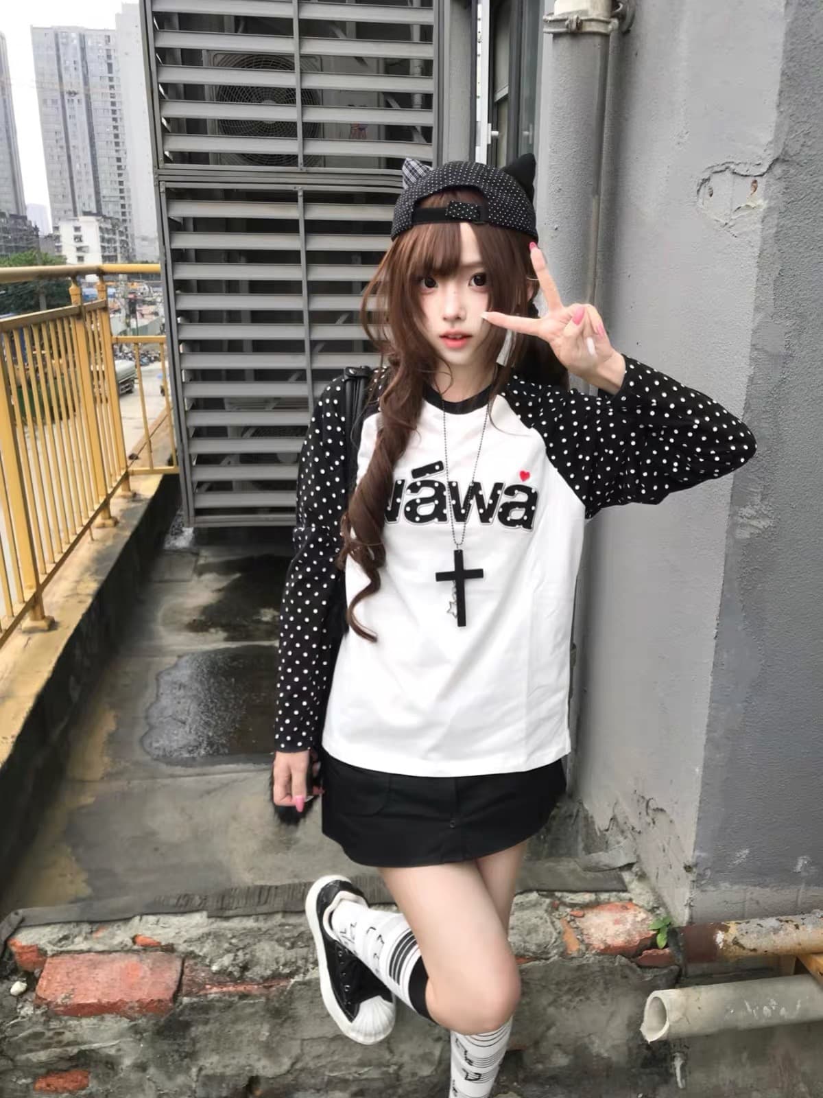 원본 솜씨 순면 220 그램 한국 스타일 새로운 도트 무늬 패치워크 긴팔 티셔츠 여성 상세 이미지 1