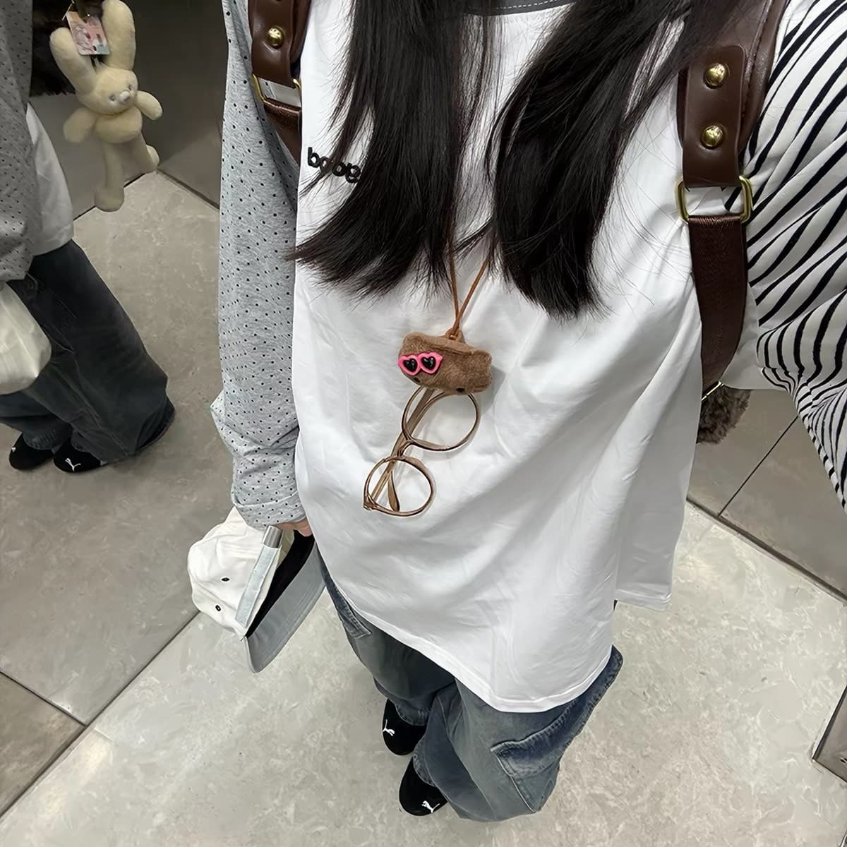 원본 솜씨 순면 220 그램 한국 스타일 새로운 스트라이프 패치워크 긴팔 티셔츠 여성 이미지 5