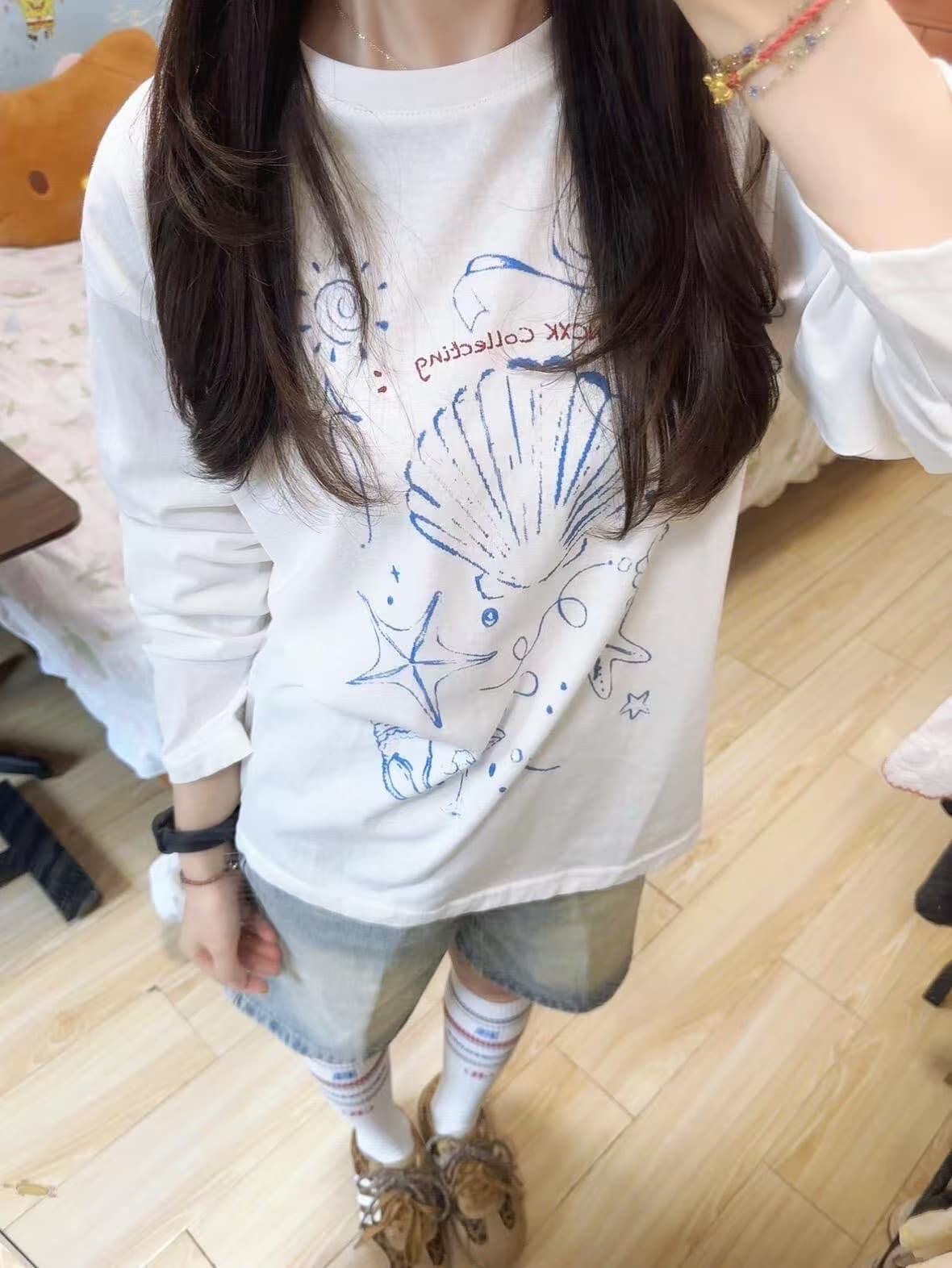 높은 품질 순면 200그램 21 빗질하다 정밀 프린트 가을 루즈핏 긴팔 티셔츠 여성 이미지 4