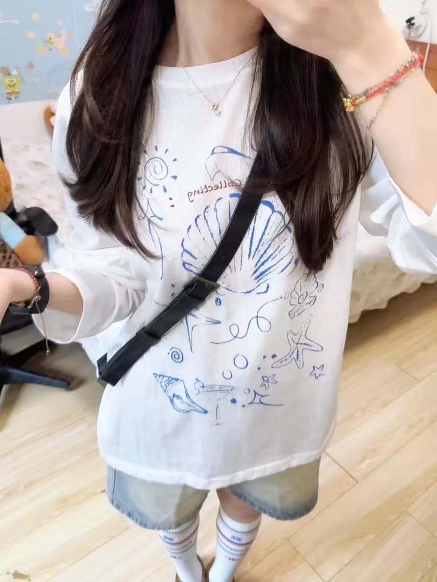 높은 품질 순면 200그램 21 빗질하다 정밀 프린트 가을 루즈핏 긴팔 티셔츠 여성 상세 이미지 1