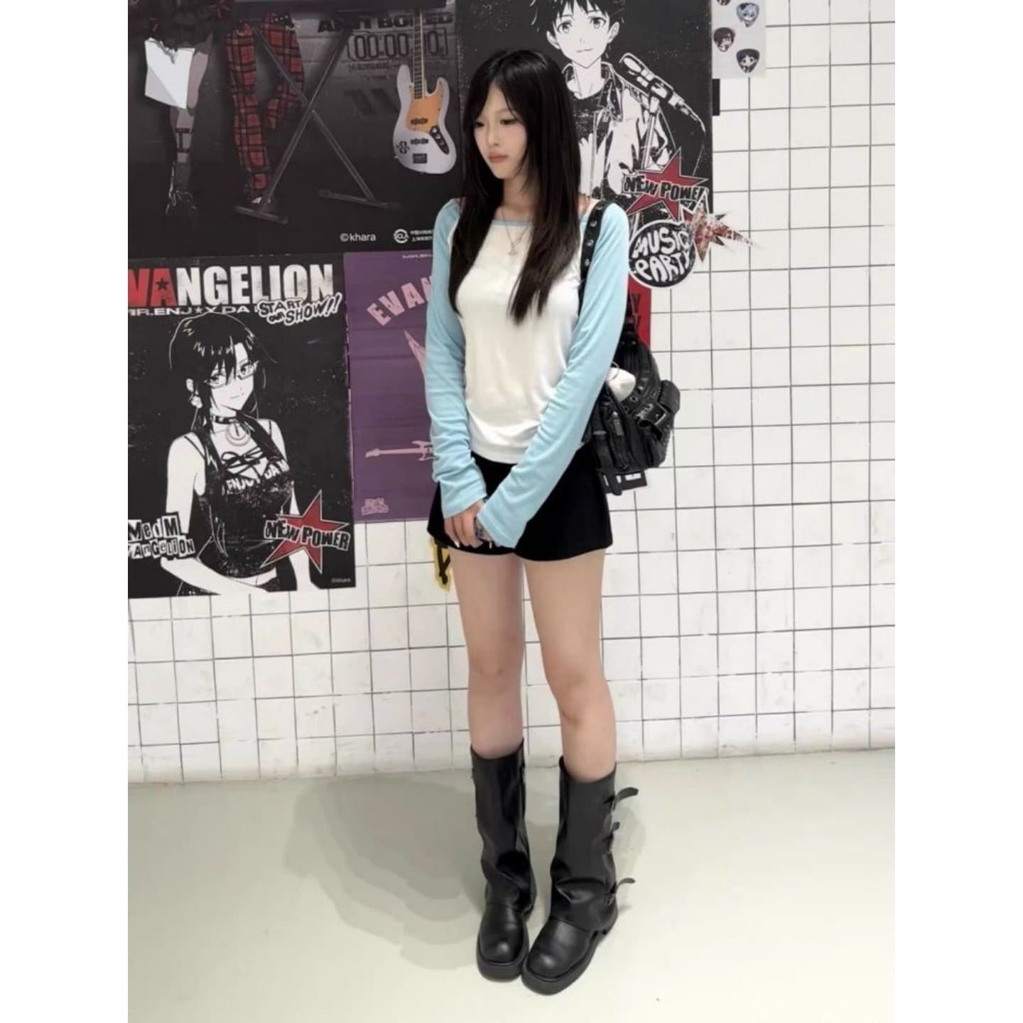광저우 눈꽃 면 165 그램 달콤한 매운맛 바람 배색 패치워크 오프숄더 긴팔 티셔츠 새로운 상세 이미지 1