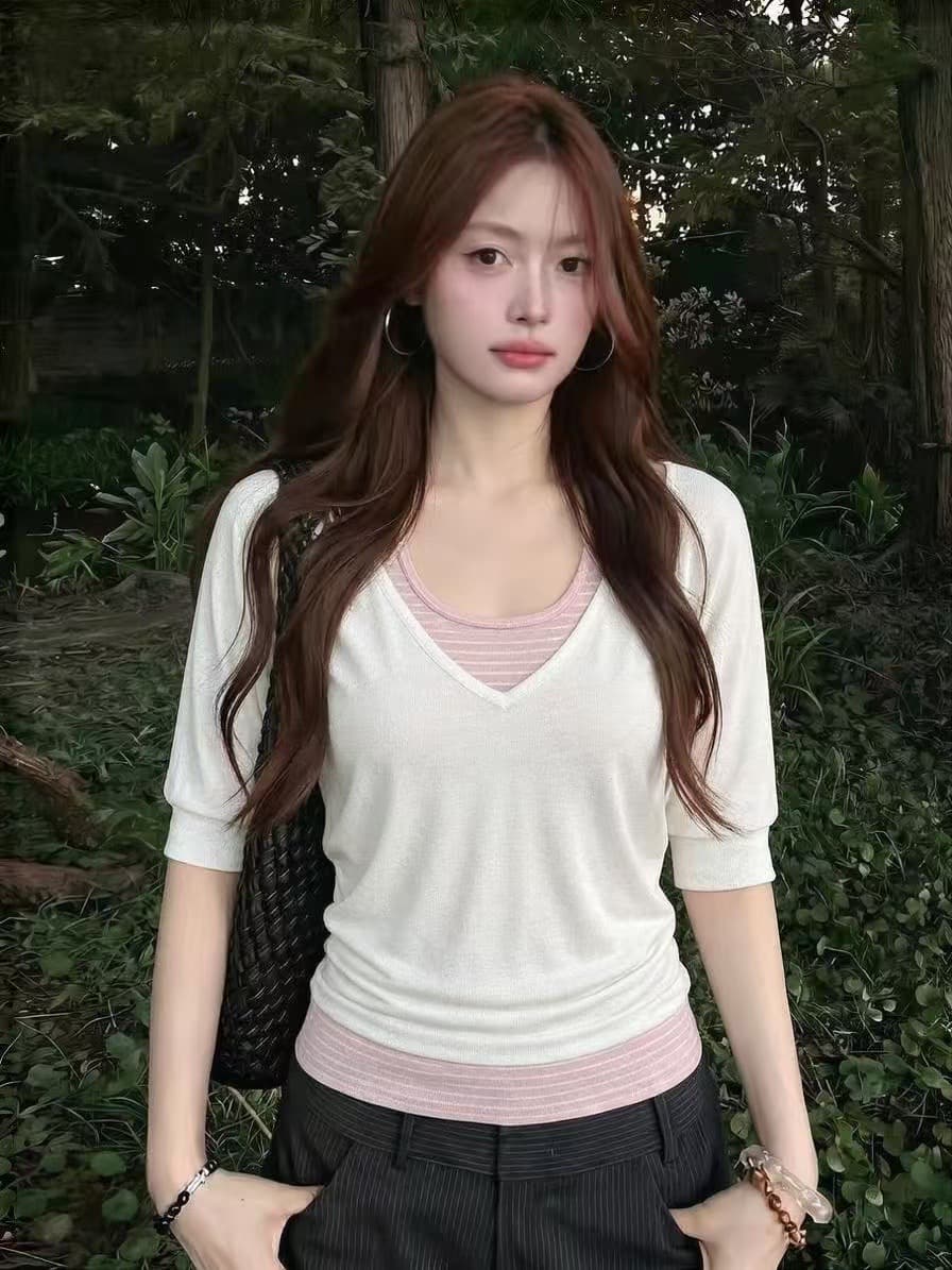사람들 면 원본 컬러 짜임 기사 투피스 세트 배색 슬립 스택 착용 맨위 투피스 조끼 트렌디