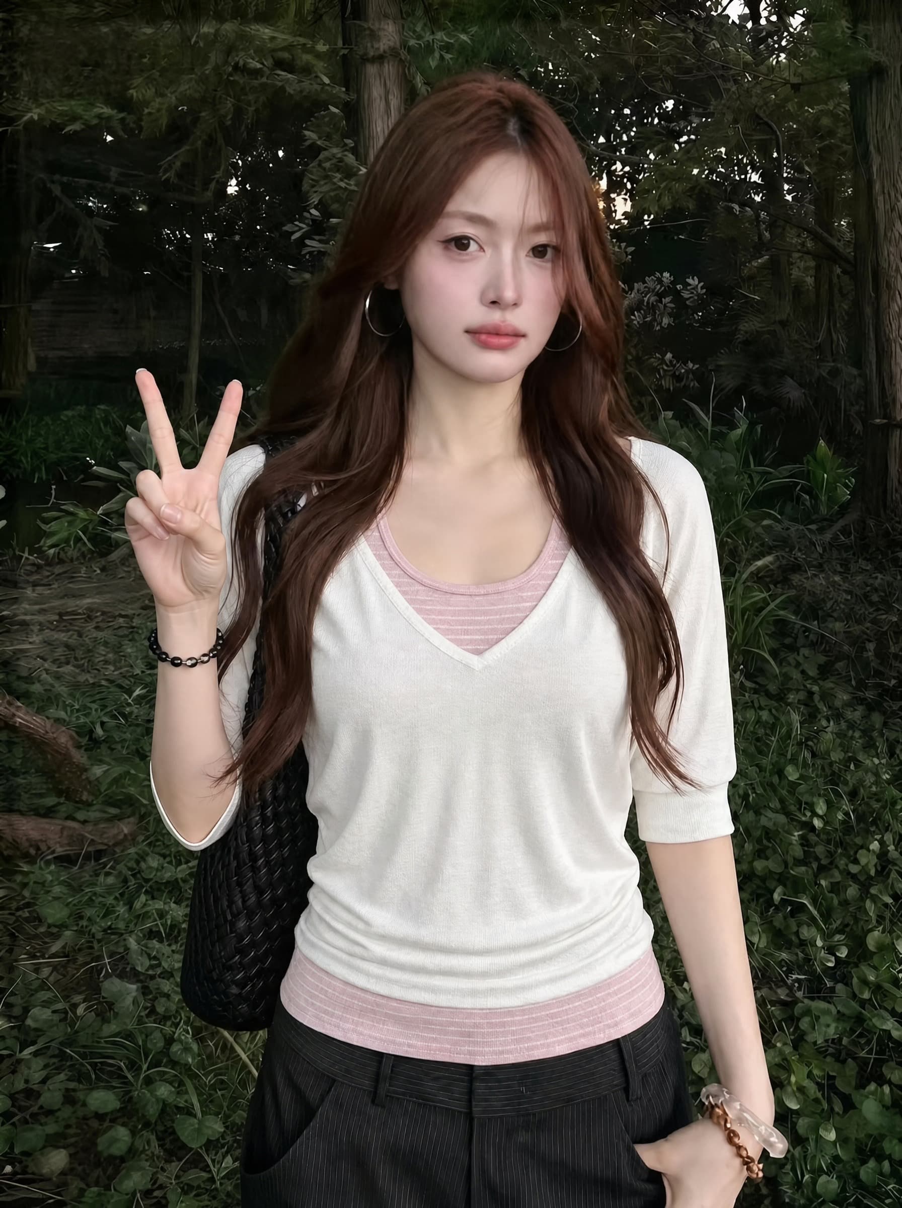 사람들 면 원본 컬러 짜임 기사 투피스 세트 배색 슬립 스택 착용 맨위 투피스 조끼 트렌디 이미지 2